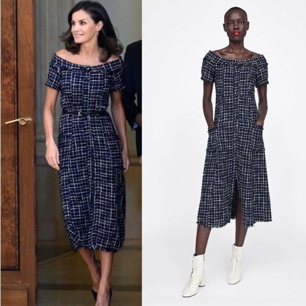 Zara Navy Tweed Checkered Off-Shoulder Midi Dress
